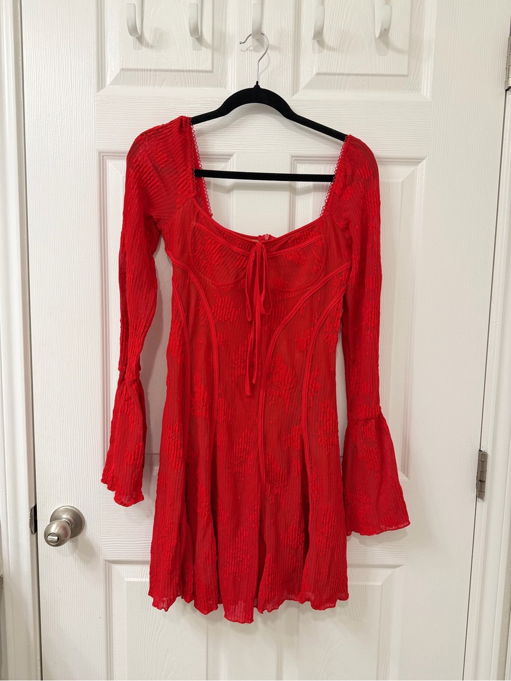 Red Long-Sleeve Tie-Front Women’s Dress